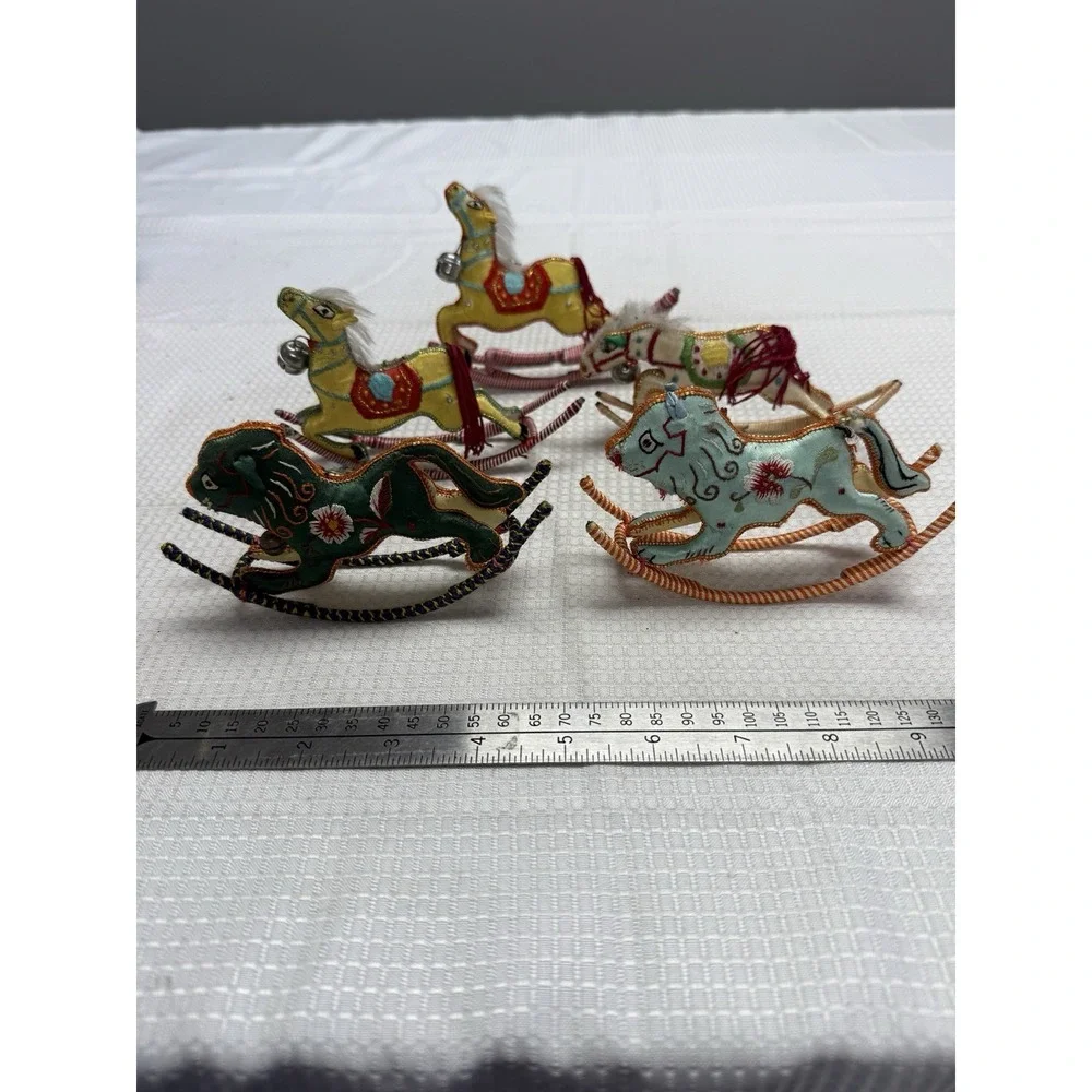 5 Vintage‎ Chinese Rocking Horse Lion Christmas Ornament Satin Embroidered *READ